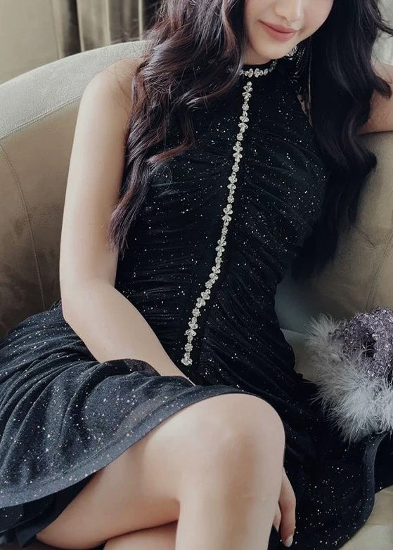 Art Naked Color Zippered Zircon Wrinkled Chiffon Dress Sleeveless