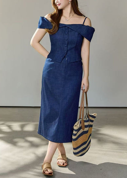 Art Navy Cold Shoulder Denim Two Pieces Set Summer