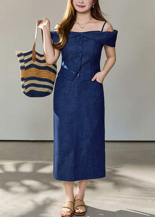Art Navy Cold Shoulder Denim Two Pieces Set Summer