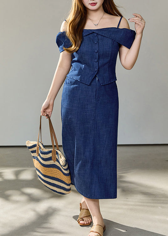 Art Navy Cold Shoulder Denim Two Pieces Set Summer