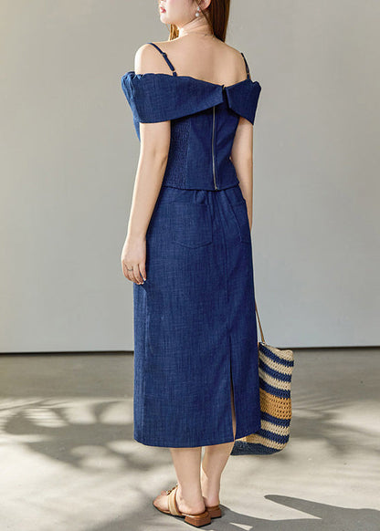 Art Navy Cold Shoulder Denim Two Pieces Set Summer