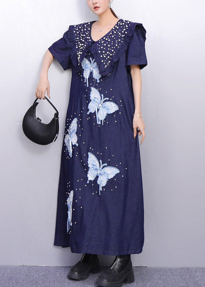 Art Navy Peter Pan Collar Butterfly Nail Bead Denim Dress Summer