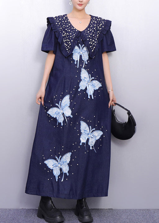 Art Navy Peter Pan Collar Butterfly Nail Bead Denim Dress Summer