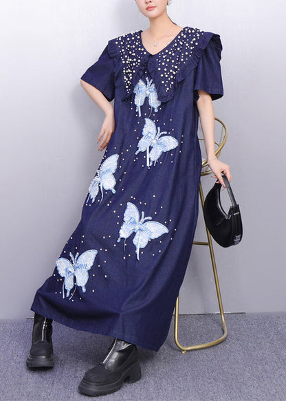 Art Navy Peter Pan Collar Butterfly Nail Bead Denim Dress Summer