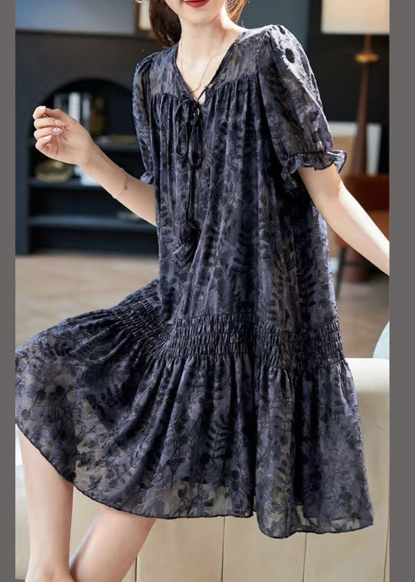 Art Navy Print Chiffon Day Dress Summer
