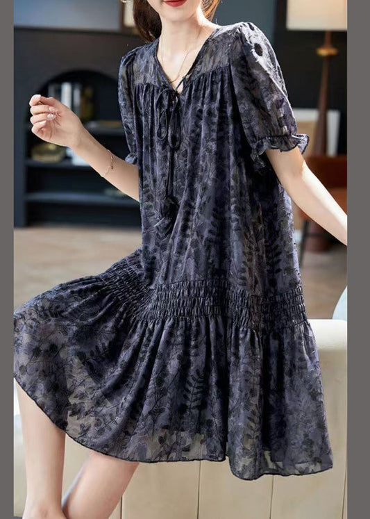 Art Navy Print Chiffon Day Dress Summer