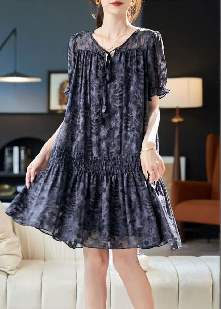 Art Navy Print Chiffon Day Dress Summer