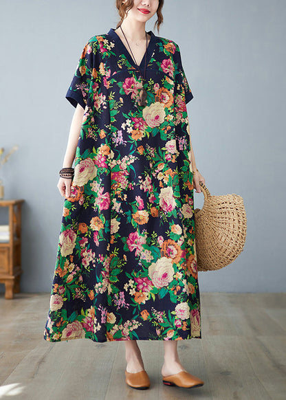 Art Navy Print Cotton Dress Oversized Summer