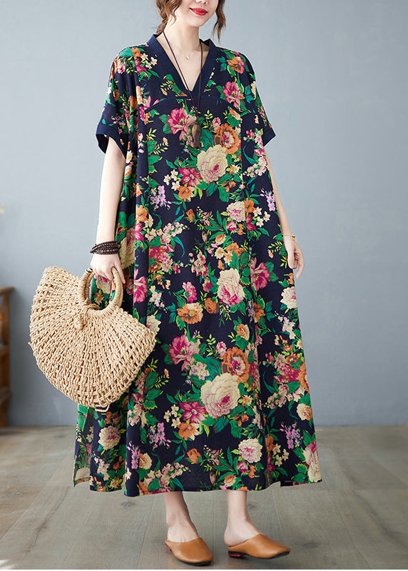 Art Navy Print Cotton Dress Oversized Summer