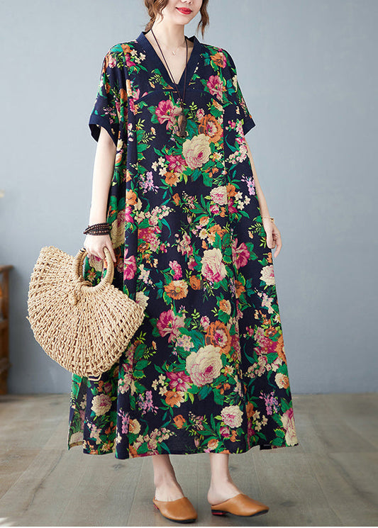 Art Navy Print Cotton Dress Oversized Summer
