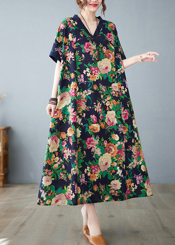 Art Navy Print Cotton Dress Oversized Summer