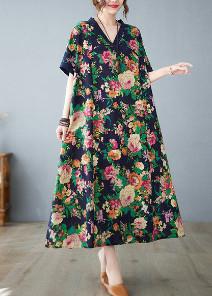 Art Navy Print Cotton Dress Oversized Summer