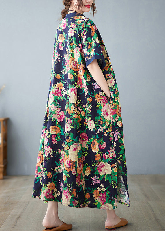 Art Navy Print Cotton Dress Oversized Summer