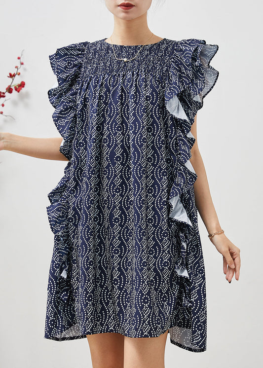 Art Navy Print Ruffles Cotton Mid Dress Summer