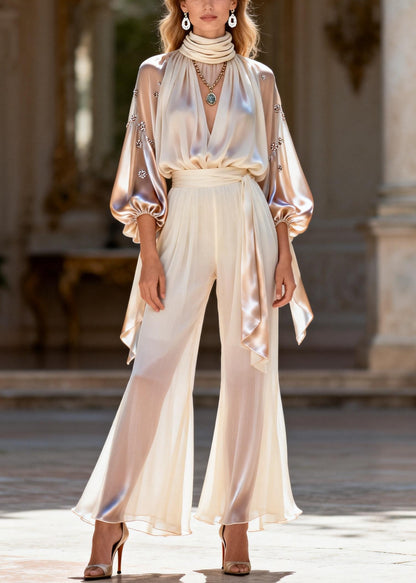 Art Neck Patchwork Silk Top And Flared Trousers Two Pieces Set Lantern Sleeve