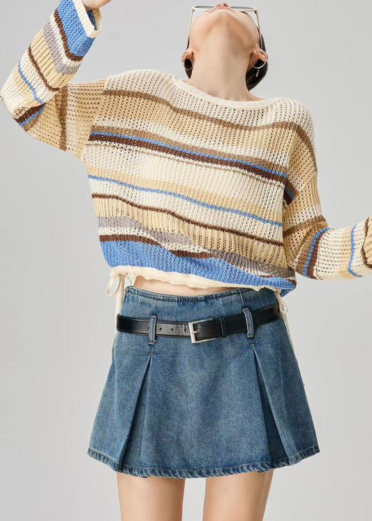 Art O-Neck Striped Hollow Out Knit Sweater Fall