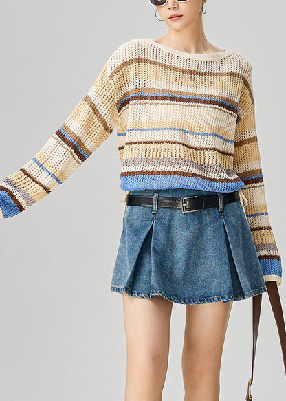 Art O-Neck Striped Hollow Out Knit Sweater Fall