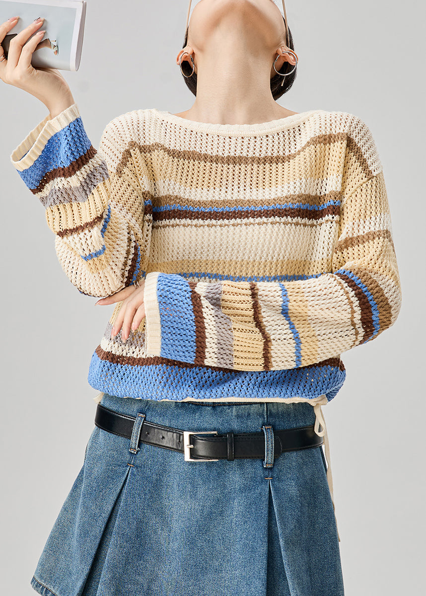 Art O-Neck Striped Hollow Out Knit Sweater Fall