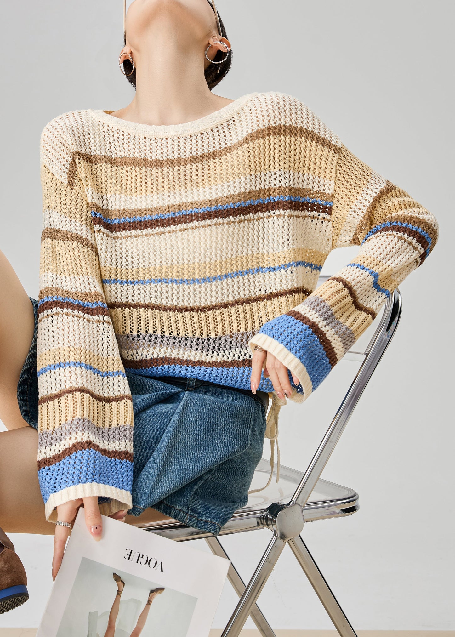 Art O-Neck Striped Hollow Out Knit Sweater Fall