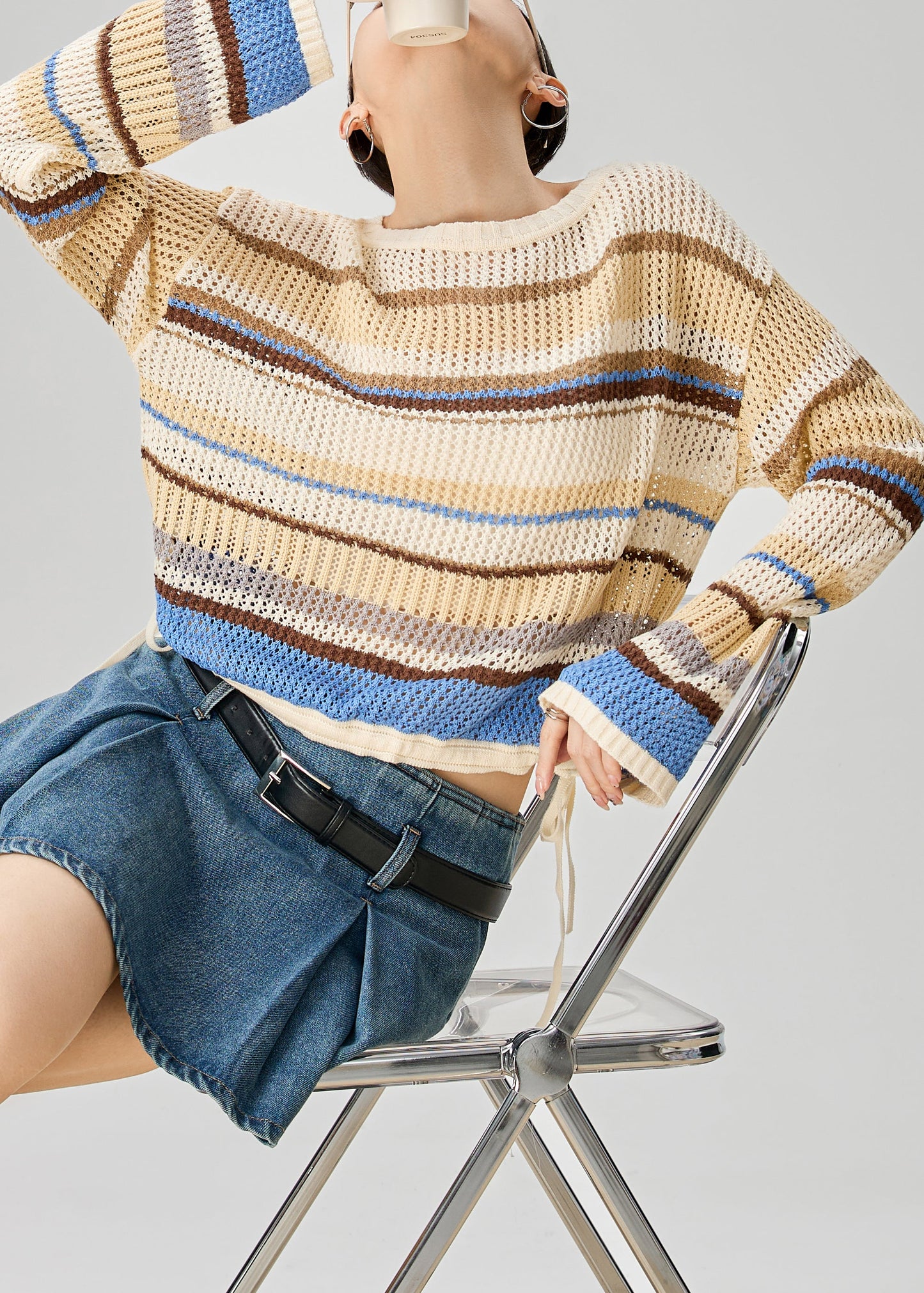 Art O-Neck Striped Hollow Out Knit Sweater Fall