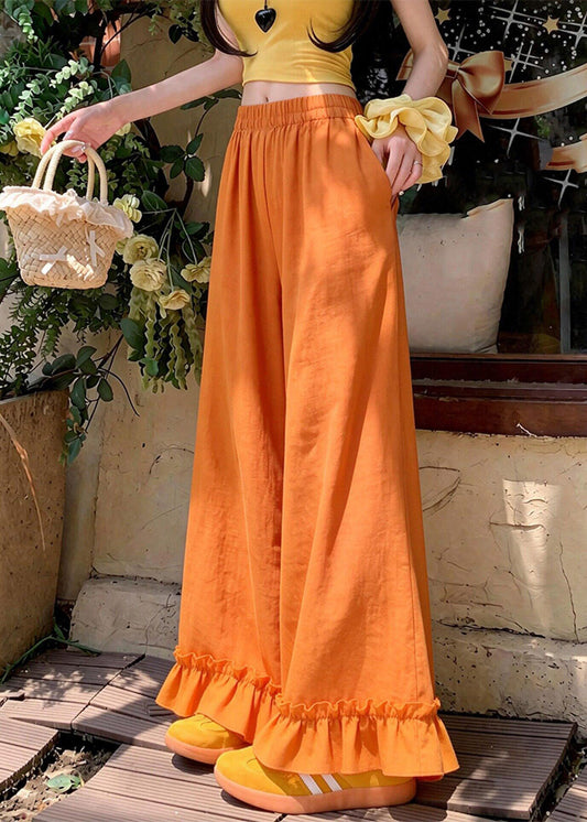 Art Orange Elastic Waist Ruffled Patchwork Wide Leg Pants