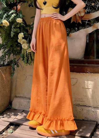 Art Orange Elastic Waist Ruffled Patchwork Wide Leg Pants
