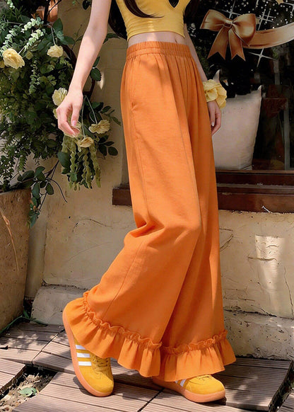 Art Orange Elastic Waist Ruffled Patchwork Wide Leg Pants