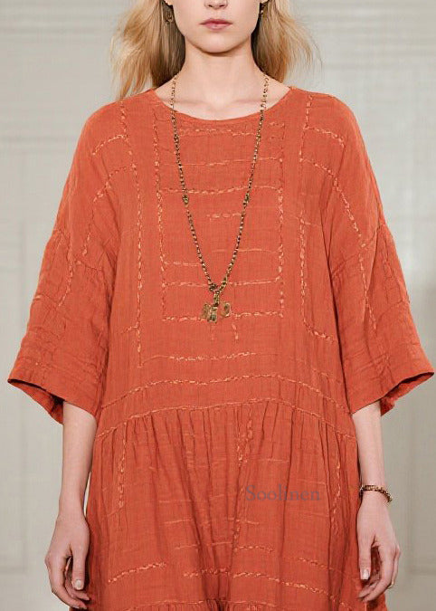 Art Orange Oversized Cotton Long Dresses Bracelet Sleeve