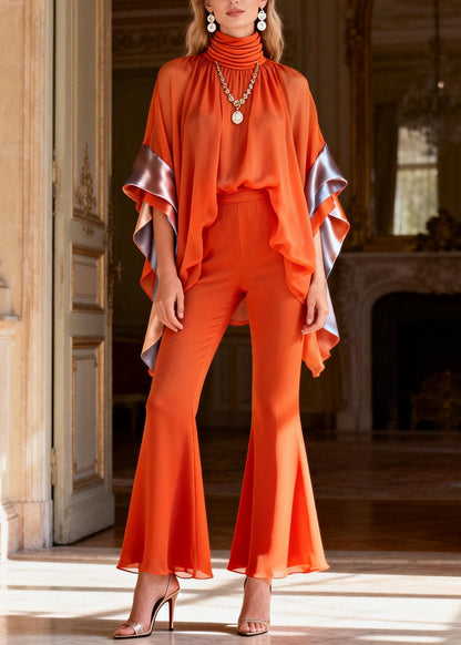 Art Orange Turtleneck Patchwork Chiffon Top And Flared Trousers Two Piece Set Flare Sleeve