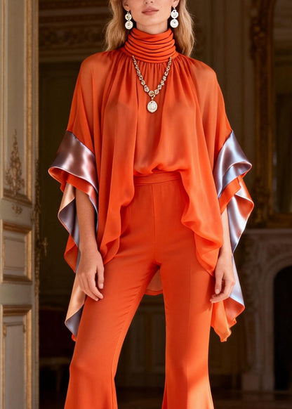 Art Orange Turtleneck Patchwork Chiffon Top And Flared Trousers Two Piece Set Flare Sleeve