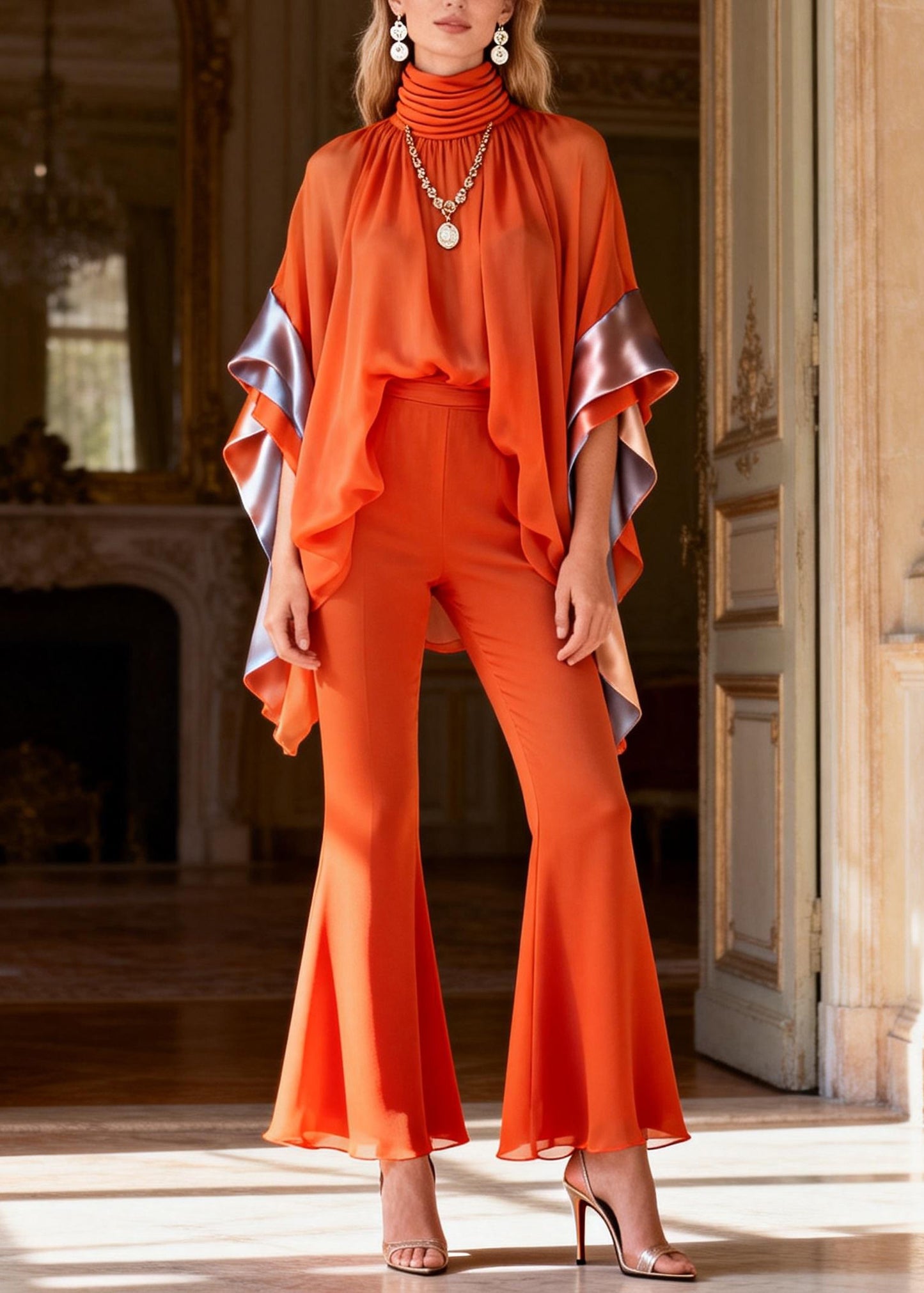 Art Orange Turtleneck Patchwork Chiffon Top And Flared Trousers Two Piece Set Flare Sleeve