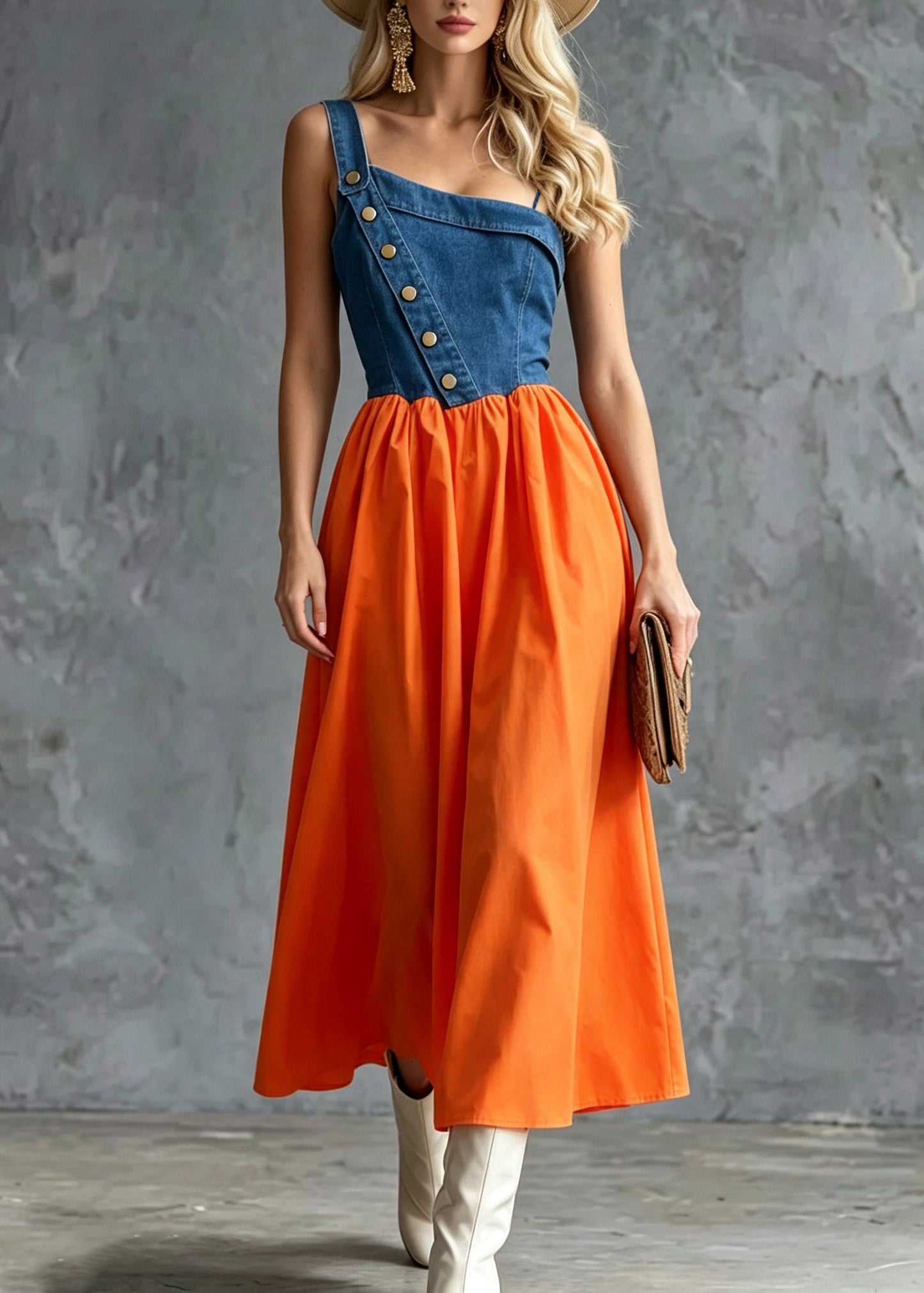 Art Orange Wrinkled Patchwork Long Spaghetti Strap Dress Summer