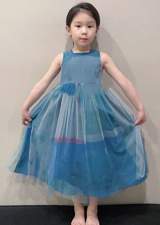 Art Peacock Blue O Neck Wrinkled Patchwork Tulle Kids Girls Long Dress Sleeveless