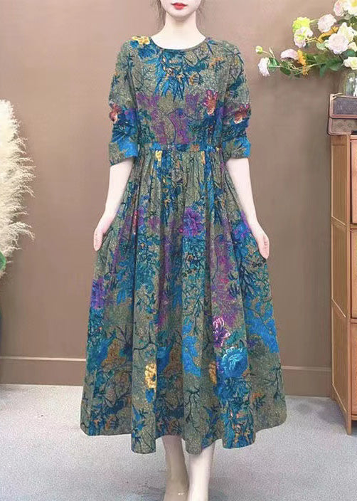 Art Peacock Blue Print Cotton Long Dress Spring