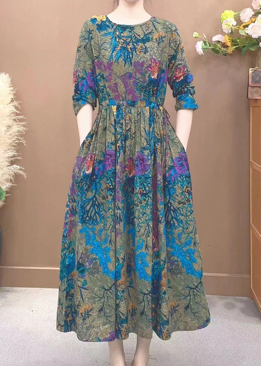 Art Peacock Blue Print Cotton Long Dress Spring