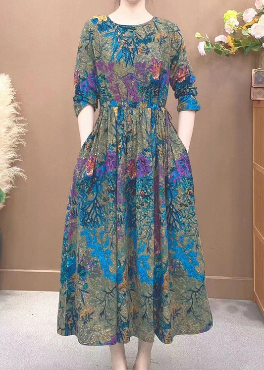 Art Peacock Blue Print Cotton Long Dress Spring