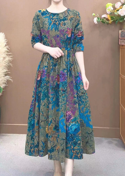 Art Peacock Blue Print Cotton Long Dress Spring
