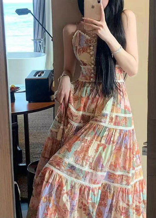 Art Photo Color V Neck Print Patchwork Spaghetti Strap Dress Summer
