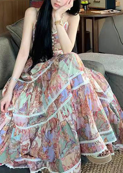 Art Photo Color V Neck Print Patchwork Spaghetti Strap Dress Summer