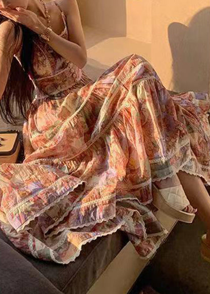 Art Photo Color V Neck Print Patchwork Spaghetti Strap Dress Summer
