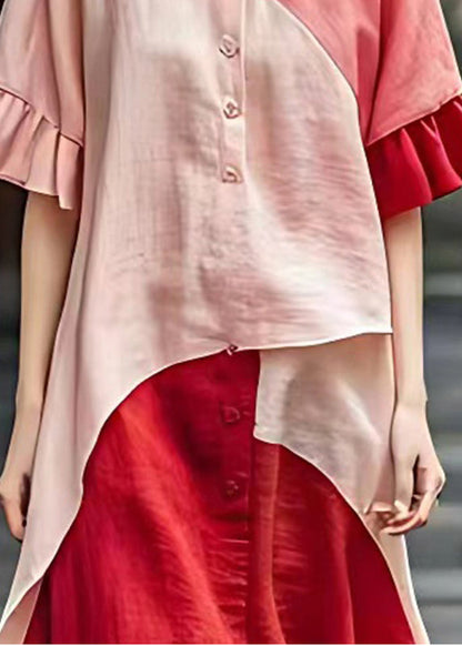 Art Pink Asymmetrical Patchwork Linen Shirt Dress Summer