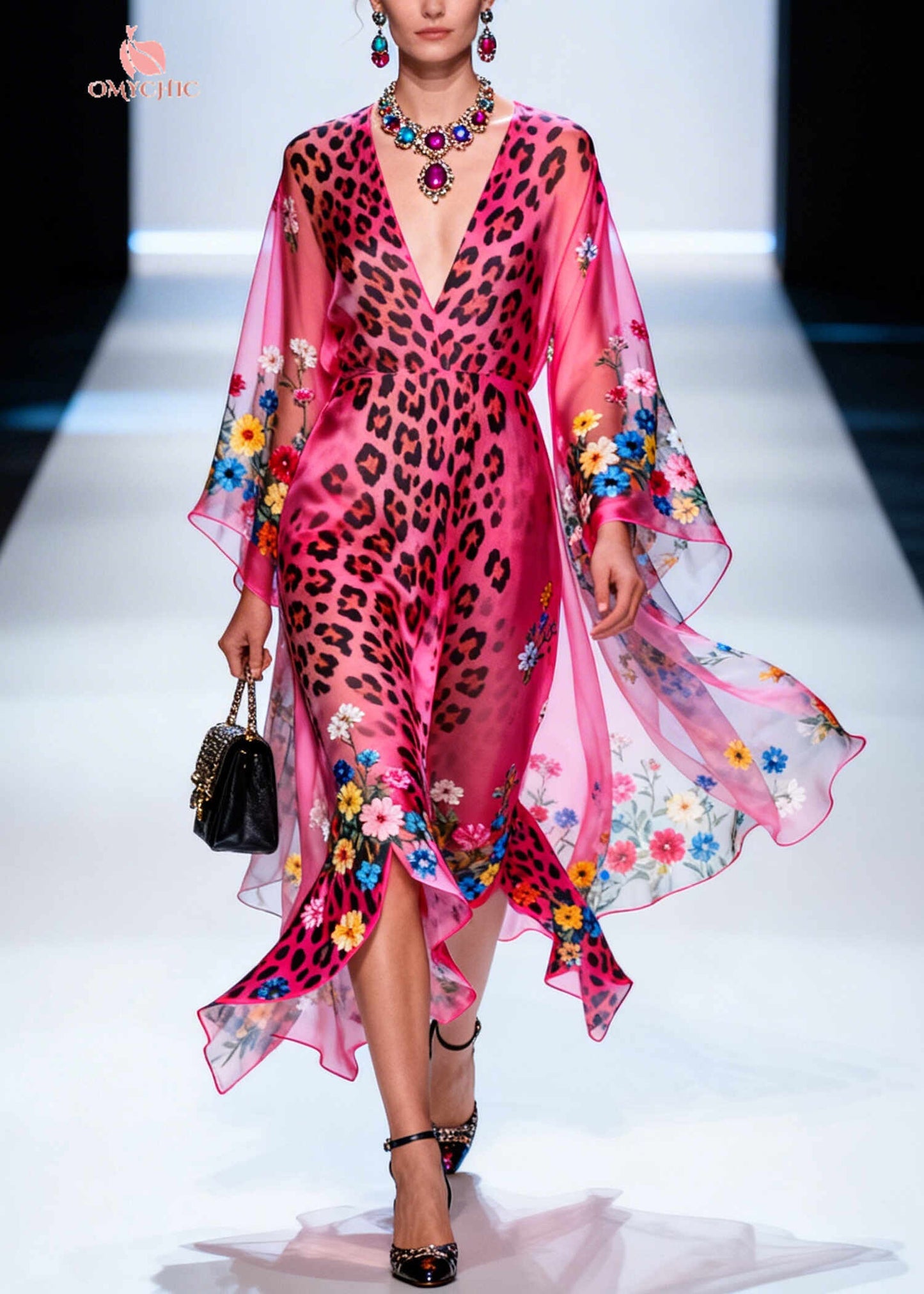 Art Pink Asymmetrical Print Chiffon Long Dresses Summer