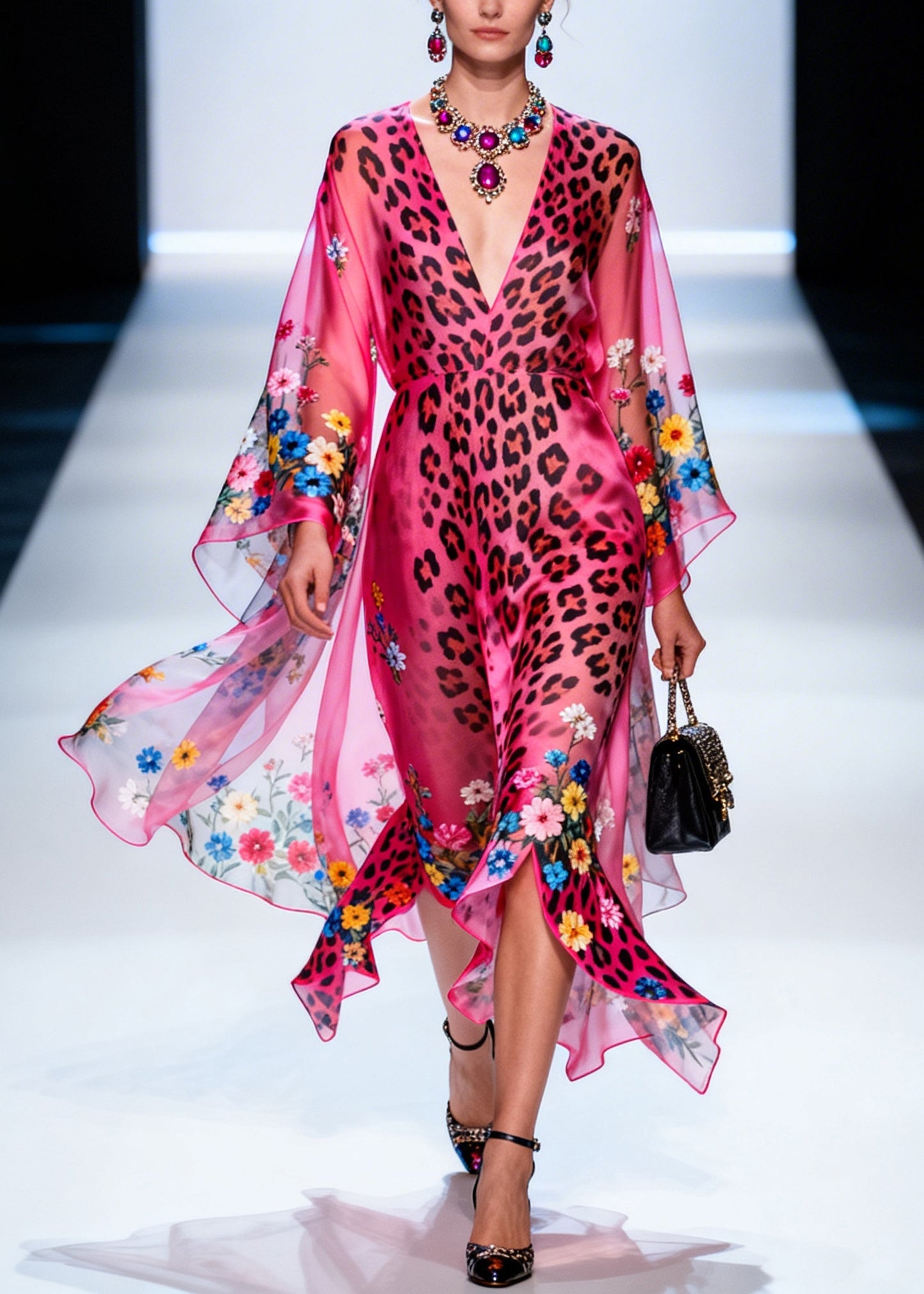 Art Pink Asymmetrical Print Chiffon Long Dresses Summer