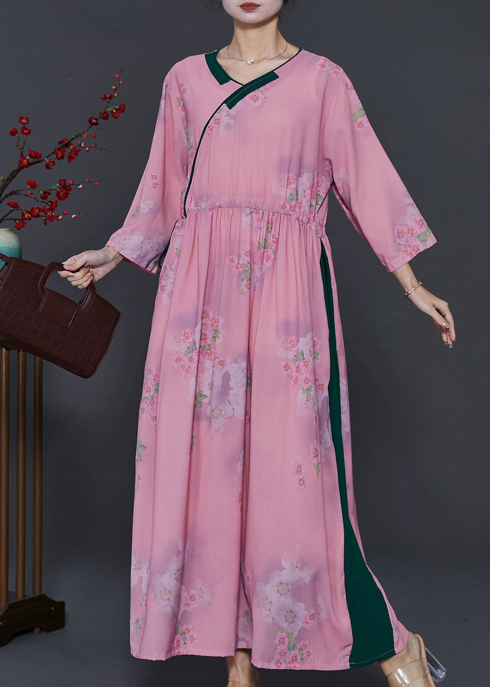 Art Pink Cinched Patchwork Print Cotton Dress Summer