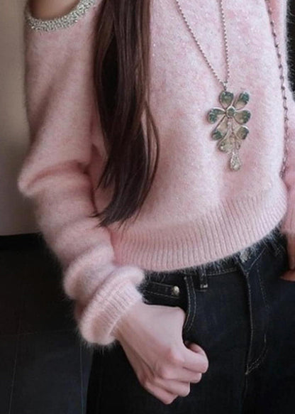 Art Pink Cold Shoulder Sequins Patchwork Knit Sweater Winter