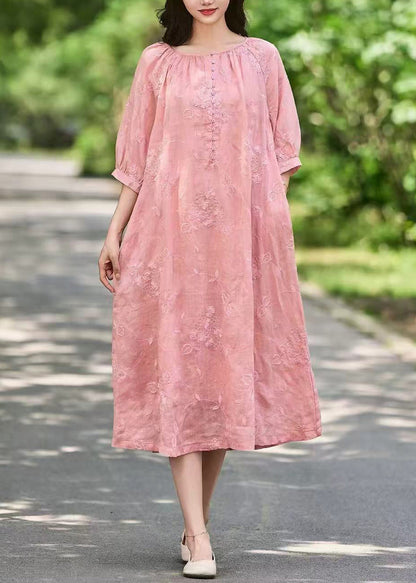 Art Pink Embroidered Button Pockets Linen Long Dress Half Sleeve
