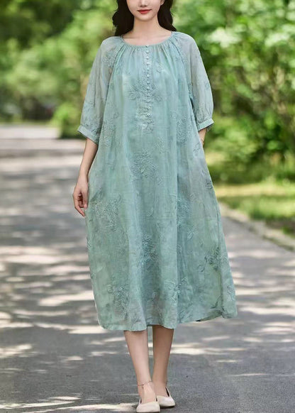 Art Pink Embroidered Button Pockets Linen Long Dress Half Sleeve