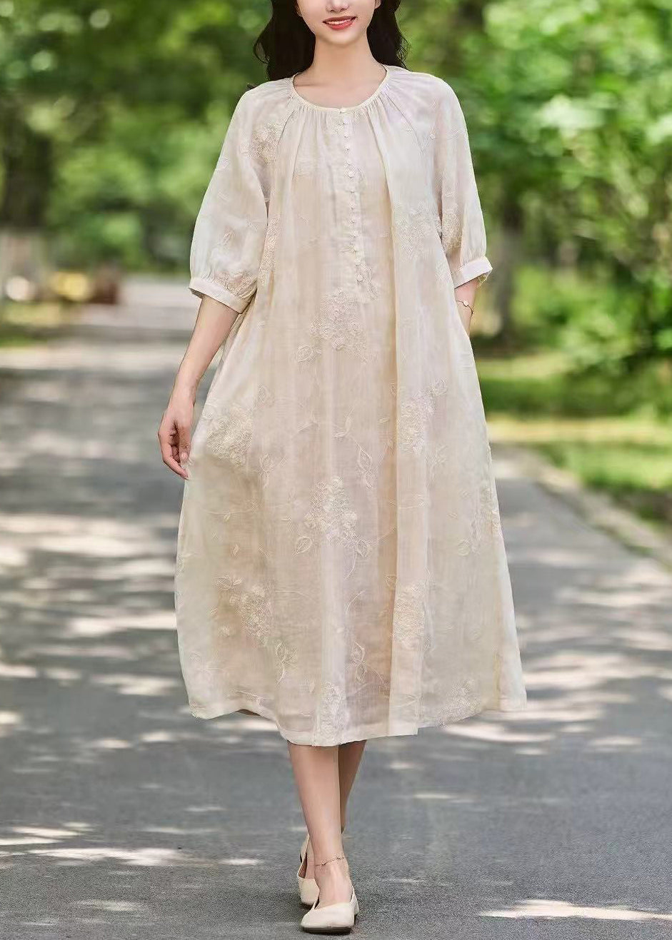 Art Pink Embroidered Button Pockets Linen Long Dress Half Sleeve