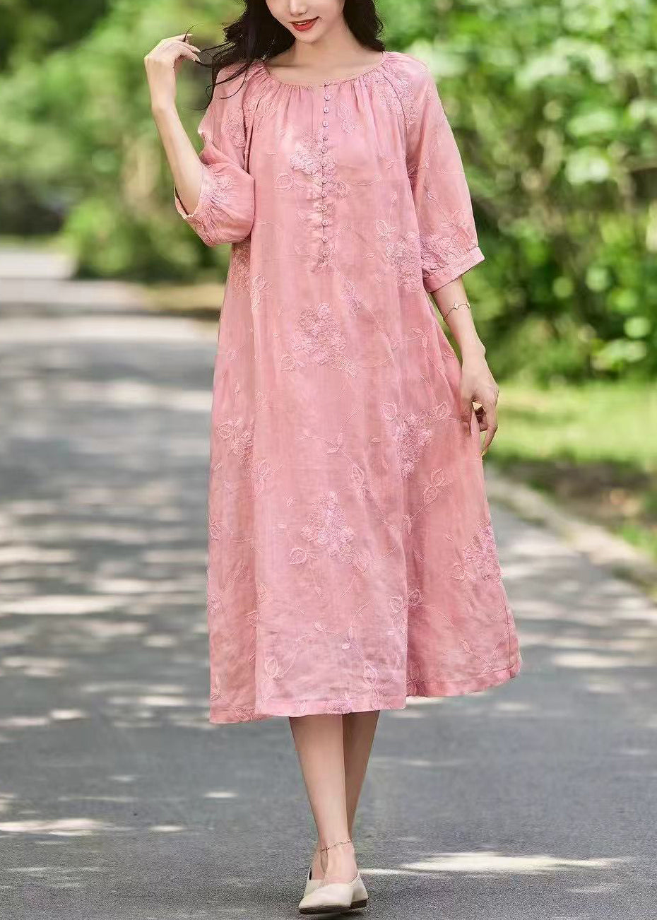 Art Pink Embroidered Button Pockets Linen Long Dress Half Sleeve