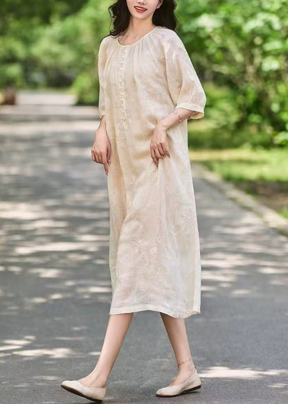 Art Pink Embroidered Button Pockets Linen Long Dress Half Sleeve